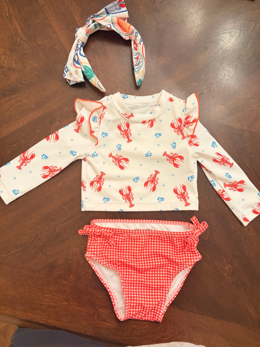 Janie and Jack Cream Rashguard Set with Red Lobster and Blue Accent